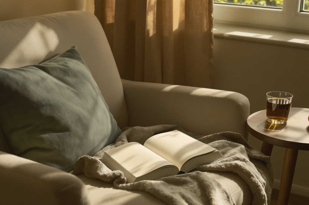 Pencere kenarında bir koltuk, üzerinde açık bir kitap ve yanında bir bardak çay